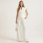Sleeveless Notch Collar Vest and Wide Leg Pants Two-Piece Set