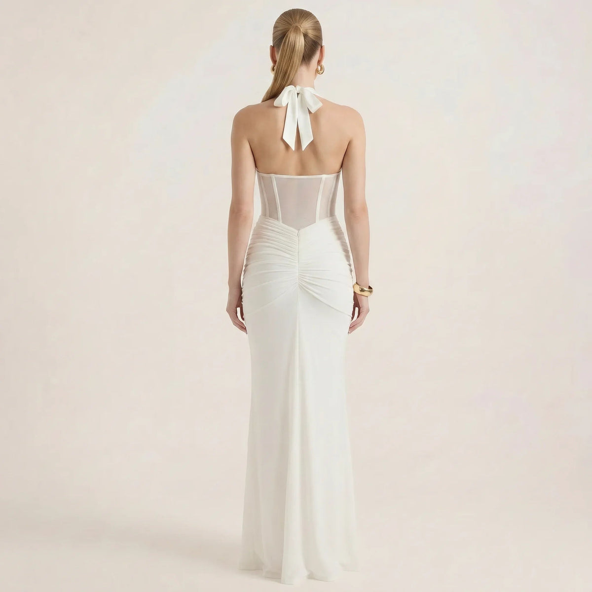 Halter Neck Deep V-Neck Maxi Dress with Ruched Waist