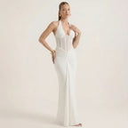 Halter Neck Deep V-Neck Maxi Dress with Ruched Waist