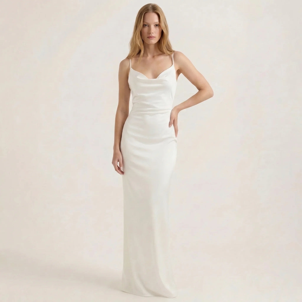 Sleeveless Backless Maxi Dress with Cowl Neck and Ruching