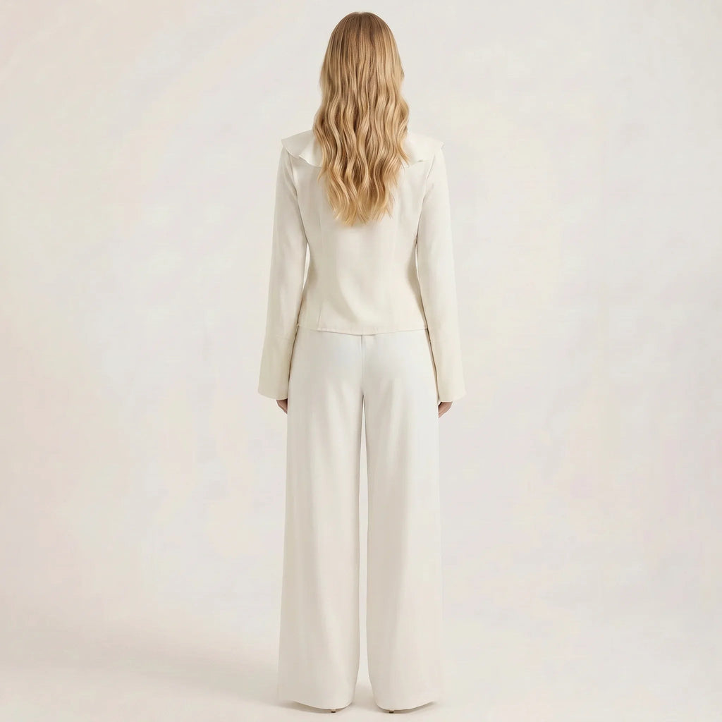Ruffle V-Neck Blouse and High-Waisted Wide Leg Pants Two-Piece Set