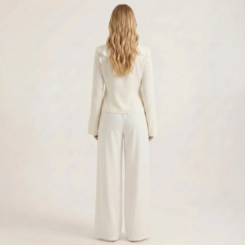 Ruffle V-Neck Blouse and High-Waisted Wide Leg Pants Two-Piece Set