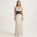 Elegant Lace Halter Neck Maxi Dress with Deep V-Neck and Backless Design
