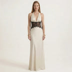 Elegant Lace Halter Neck Maxi Dress with Deep V-Neck and Backless Design