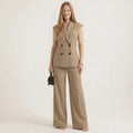 Women's Sleeveless Double-Breasted Vest and High-Waisted Wide-Leg Pants Two-Piece Suit Set