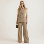 Women's Sleeveless Double-Breasted Vest and High-Waisted Wide-Leg Pants Two-Piece Suit Set
