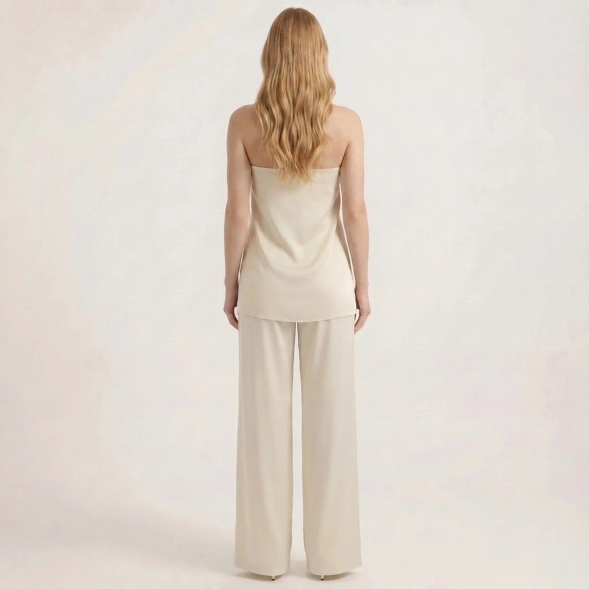 Strapless Satin Tube Top and Wide Leg Pants Two-Piece Set