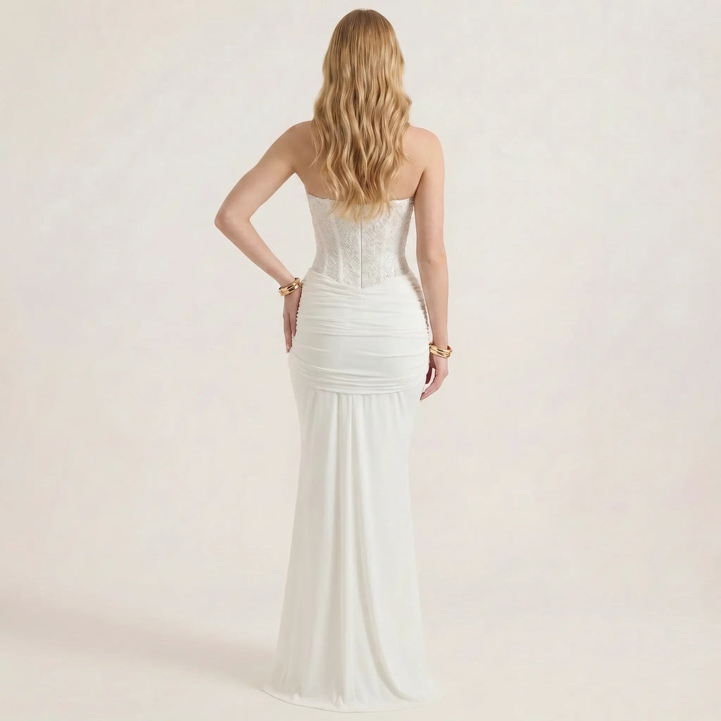 Strapless Sequin Evening Maxi Dress with Draped Waist