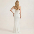 Strapless Sequin Evening Maxi Dress with Draped Waist