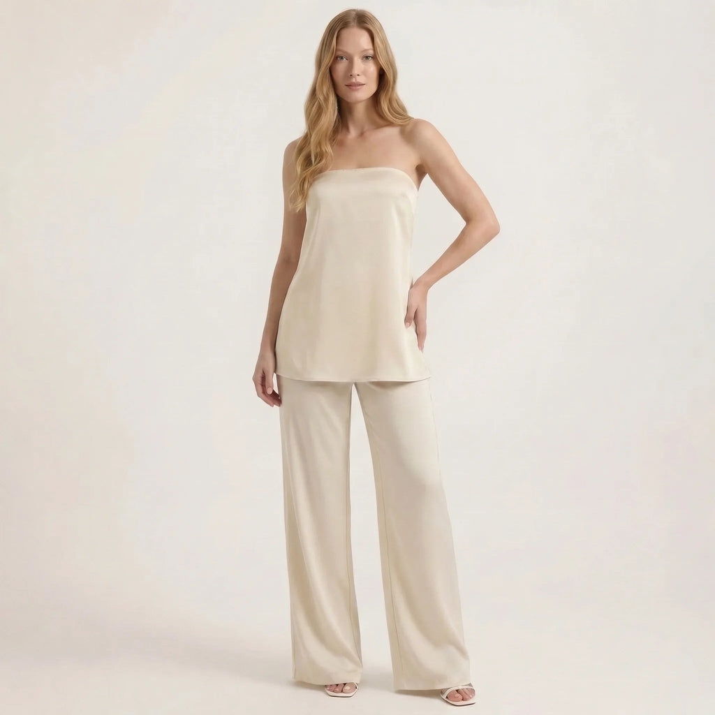 Strapless Satin Tube Top and Wide Leg Pants Two-Piece Set