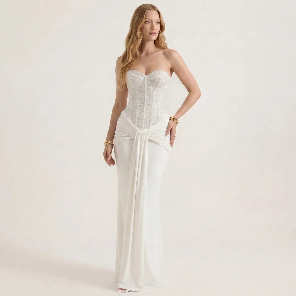 Strapless Sequin Evening Maxi Dress with Draped Waist